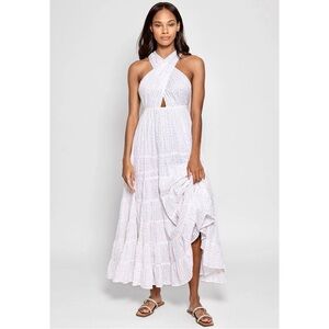 Sundress Suzie Long Dress - White Open Back Tiered Maxi Dress Gown sz S